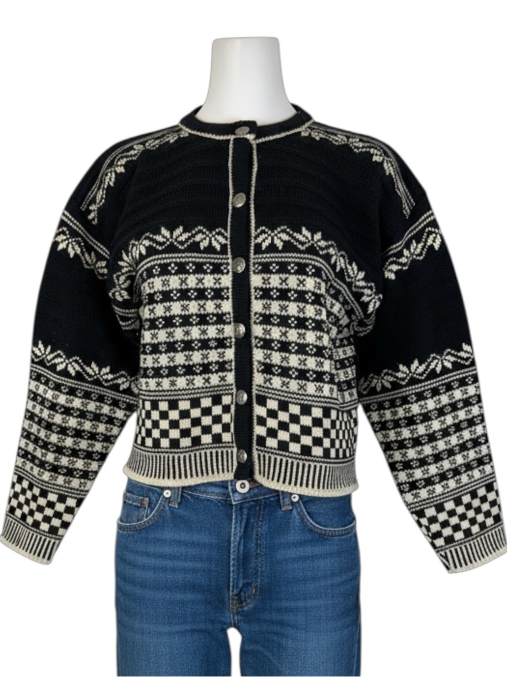 Vintage Norlender Norwegian Wool Cardigan Black Cream Fair Isle Nordic Pewter M - Picture 1 of 10
